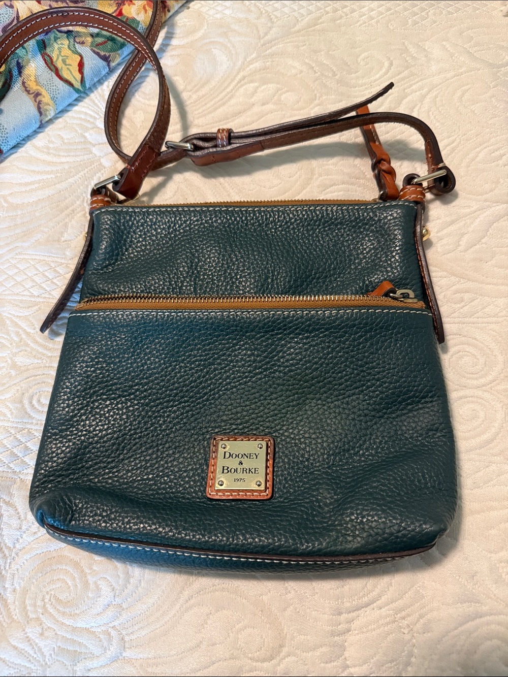 Dooney & Bourke Teal Pebbled Leather Crossbody with Brown Strap